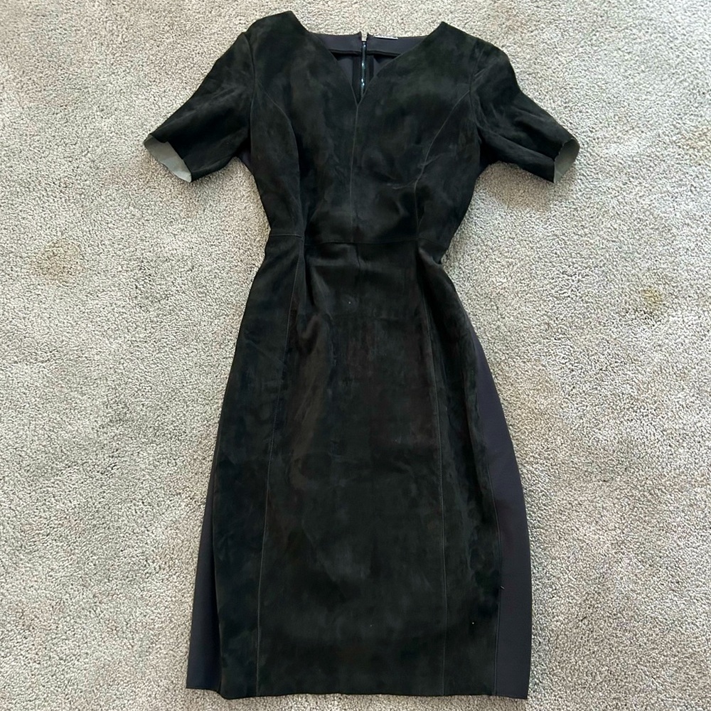 ELIE TAHARI Black V-neck Leather Midi Dress